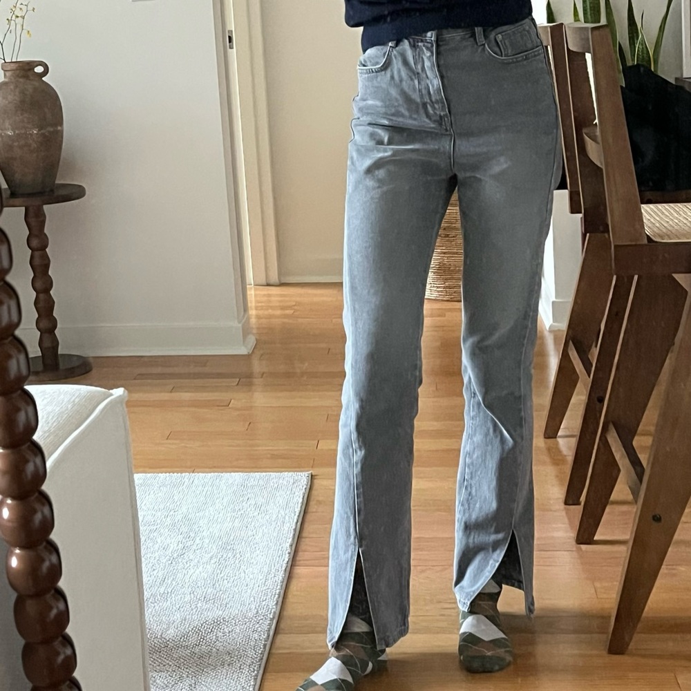 Korean designer gray slit front bootcut jeans